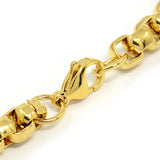 zoomed in section of golden Venetian chain bracelet with lobster claw clasp on white background. 