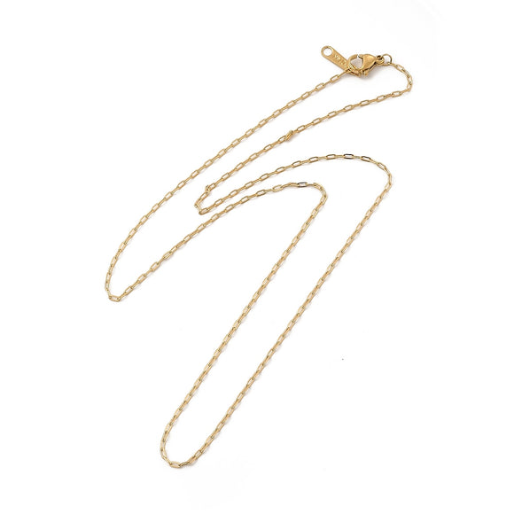 golden tiny paperclip necklace with lobster claw clasp on white background.