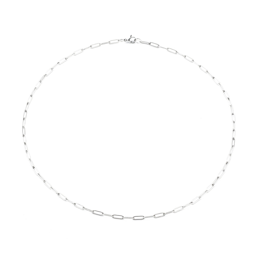 silver tone  paperclip chain with lobster claw clasp on a white background.