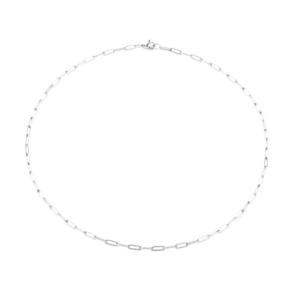 silver tone  paperclip chain with lobster claw clasp on a white background.