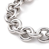 zoomed in section of stainless steel large Rolo chain necklace on white background.
