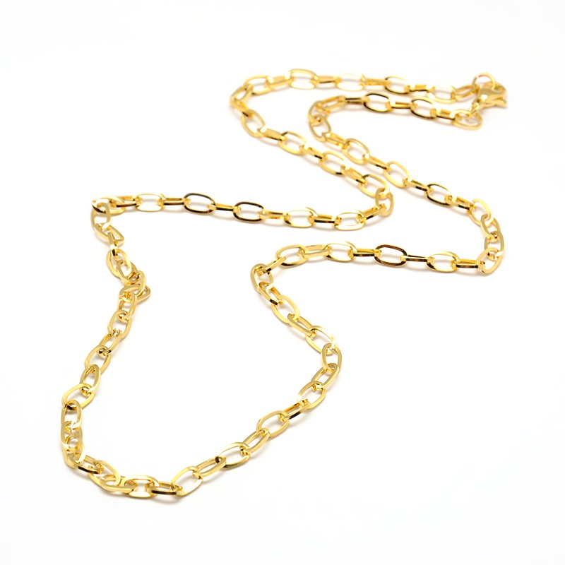 golden oval cable link necklace with lobster claw clasp on white background. 