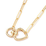 zoomed in plated brass swivel heart clasp on paperclip link chain with a white background. 