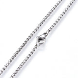 zoomed in sections of stainless steel squared Rolo chain necklace with lobster claw clasp on white background. 