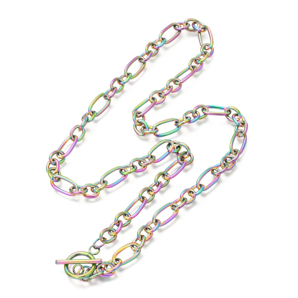 rainbow Figaro chain necklace with toggle clasp on a white background.