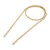 golden coffee bean link eyeglass chain with lobster claw clasps and rubber loop ends on white background. 