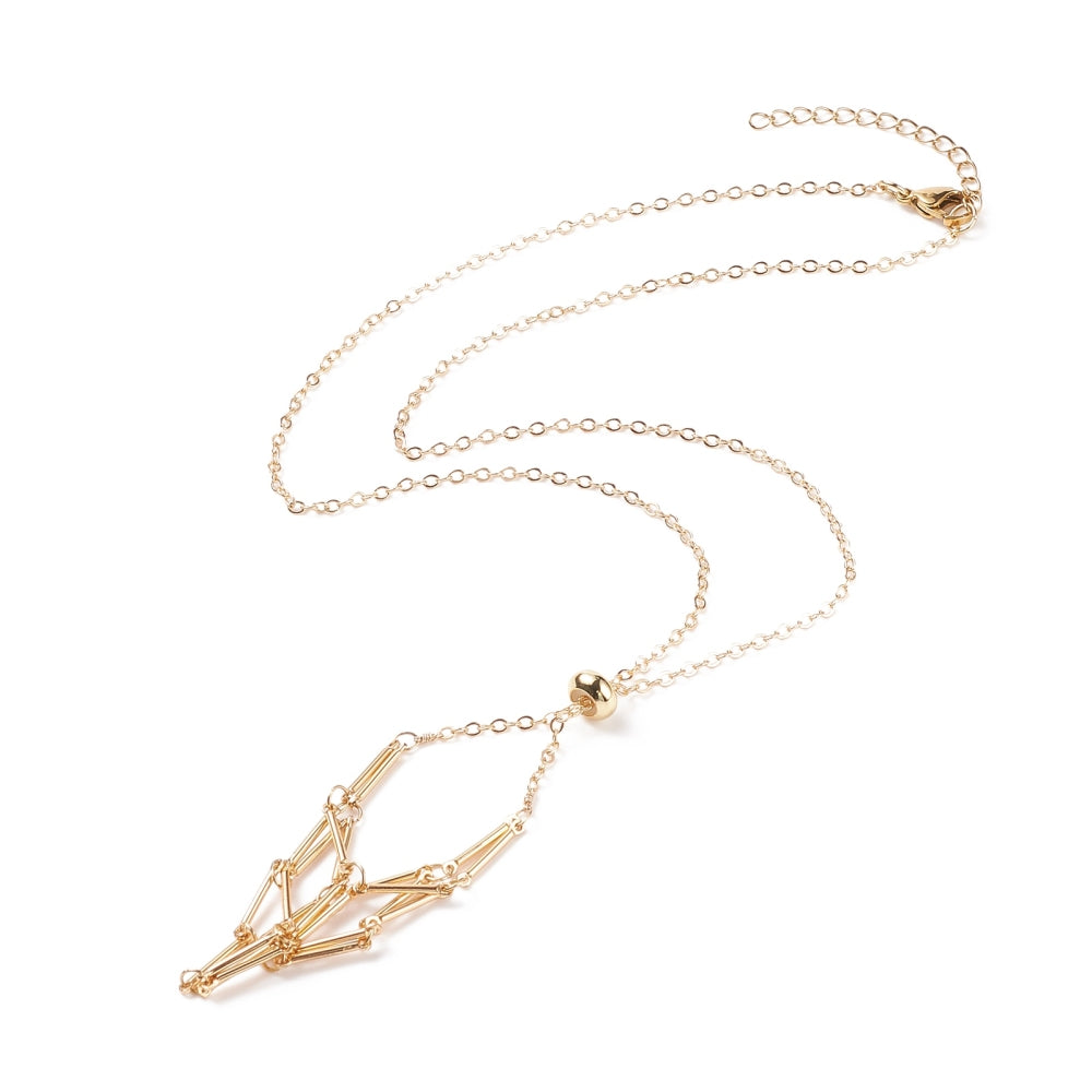 golden adjustable macrame style pouch necklace with slider bead and lobster claw clasp with extender chain over white background. 