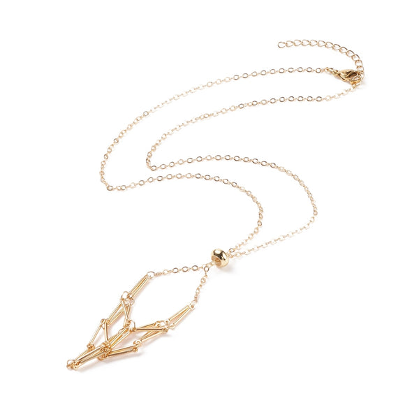 golden adjustable macrame style pouch necklace with slider bead and lobster claw clasp with extender chain over white background. 