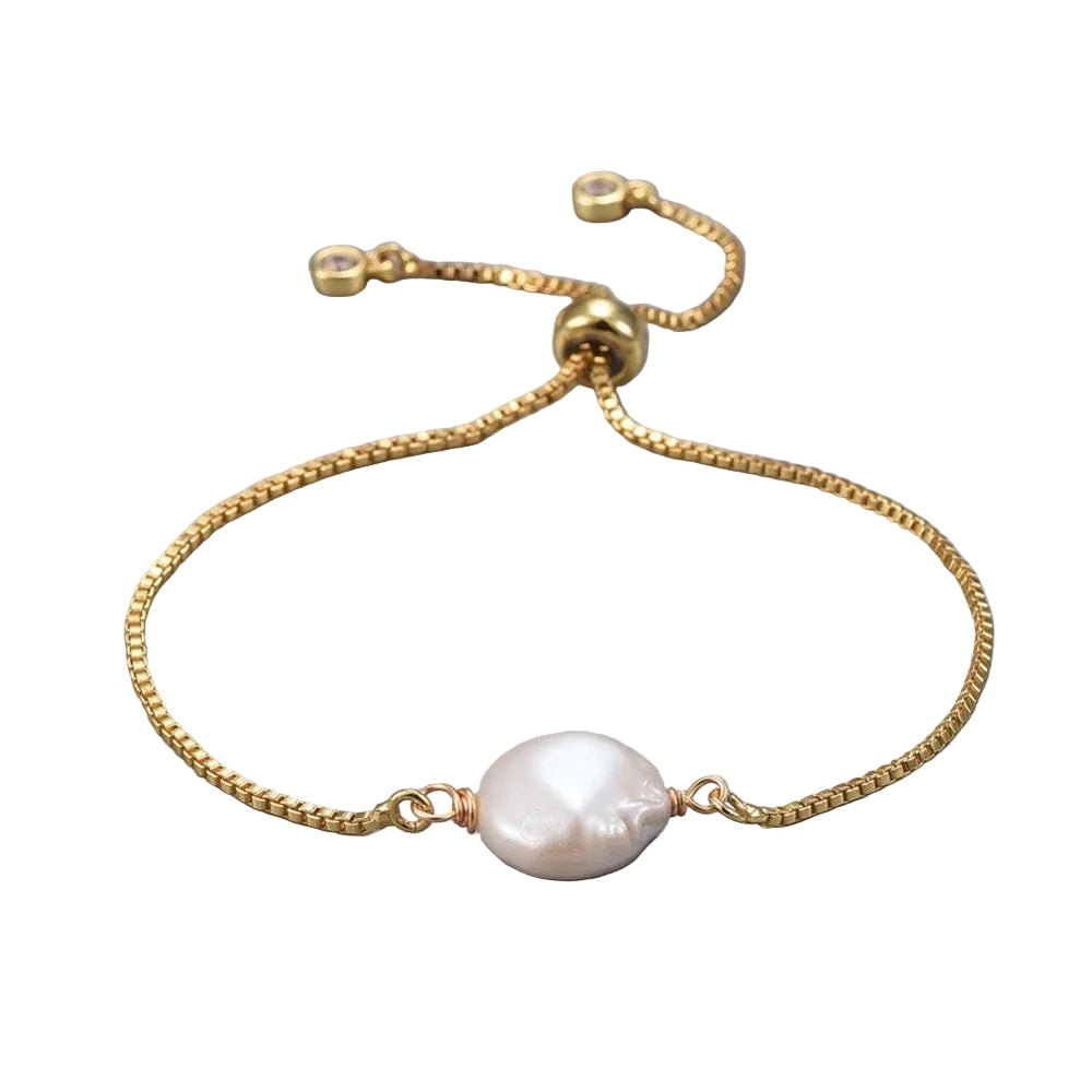 adjustable golden box chain bracelet featuring coin pearl with slider bead and bezel set charms over white background. 