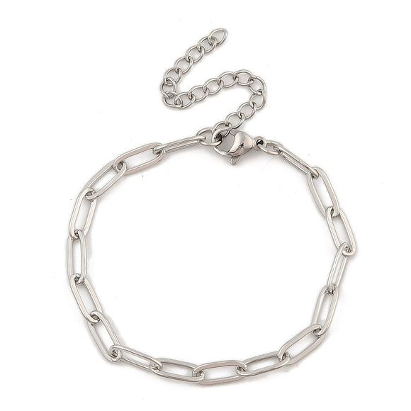 silver tone paperclip chain bracelet with lobster claw clasp and extender chain over white background. 