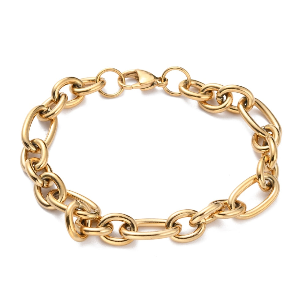 golden heavy Figaro chain bracelet with lobster claw clasp on white background. 