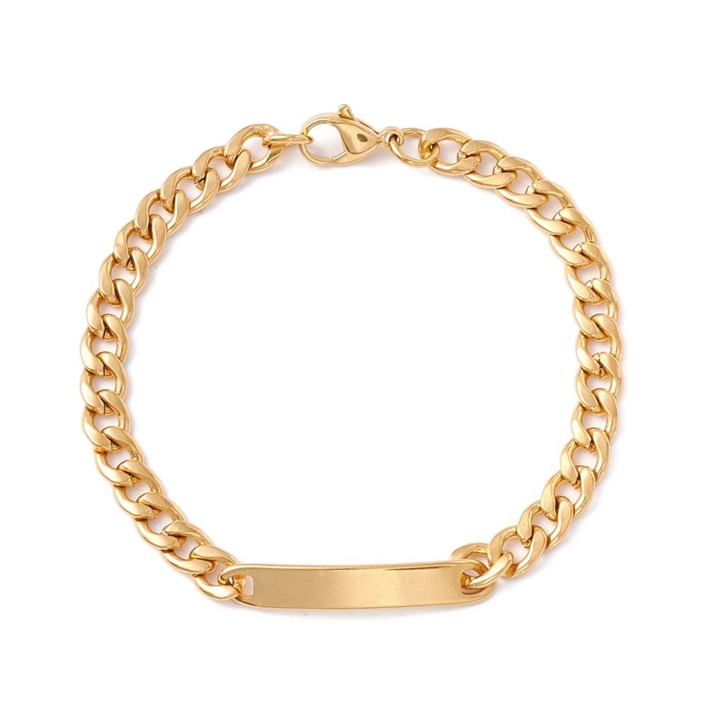 golden curb chain bracelet with rectangular bar plate and lobster claw clasp over white background. 