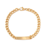 golden curb chain bracelet with rectangular bar plate and lobster claw clasp over white background. 