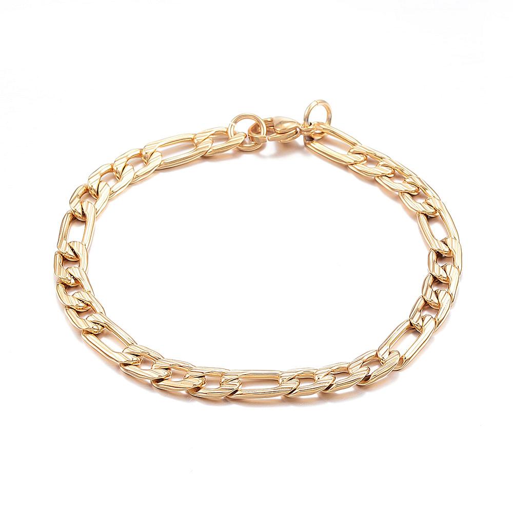 golden textured Figaro chain bracelet with lobster claw on white background. 