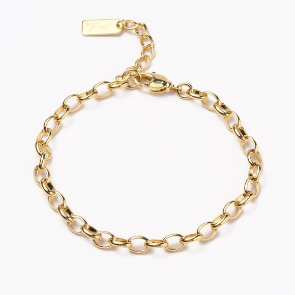 golden oval cable link bracelet with lobster claw clasp over white background. 