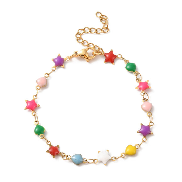 golden multi-colored enamel heart and star link bracelet with lobster claw clasp and extender chain over white background. 
