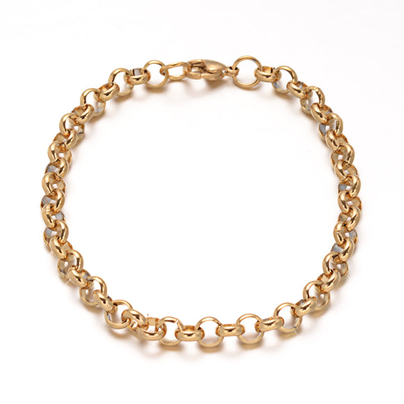 golden rolo chain bracelet with lobster claw clasp over white background .