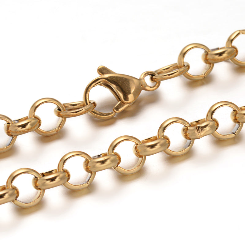 zoomed in sections of golden rolo chain bracelet with lobster claw clasp over white background. 