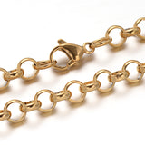 zoomed in sections of golden rolo chain bracelet with lobster claw clasp over white background. 