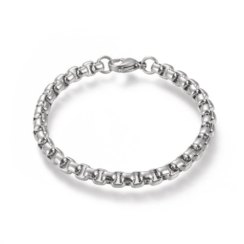 silver tone large box chain bracelet with lobster claw clasp over white background. 