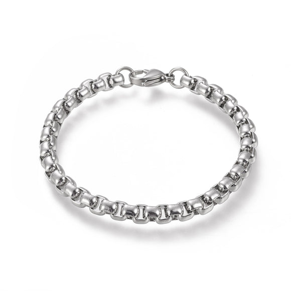 silver tone large box chain bracelet with lobster claw clasp over white background. 