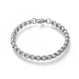 silver tone large box chain bracelet with lobster claw clasp over white background. 