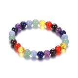 repeating chakra round stone bead bracelet over white background.