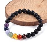 matte black agate chakra bead stretch bracelet featuring seven round chakra stone beads draped over slice of wood onto white surface. 
