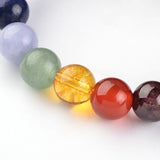 zoomed in section of round chakra stone bead stretch bracelet over a white background. 