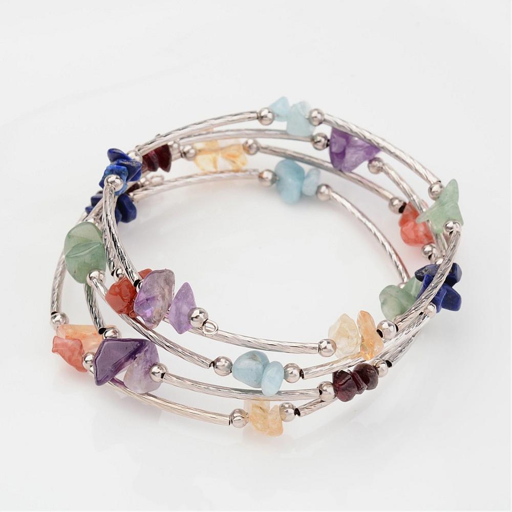 wrap bracelets made from piece of memory wire interspersed with tube beads along with clear quartz, jasper, citrine, carnelian, aventurine, lapis, and amethyst beads over white background. 