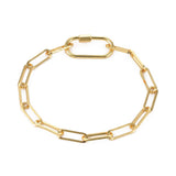 golden paperclip chain bracelet with carabiner clasp over white background. 