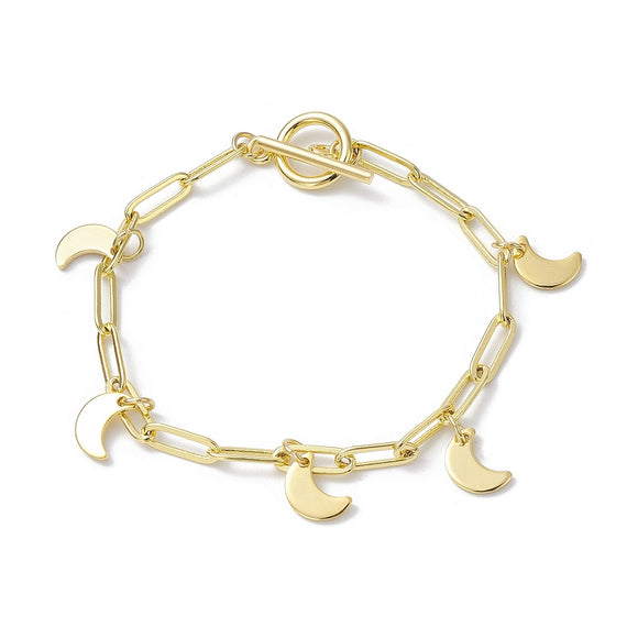 golden paperclip chain bracelet with toggle clasp and five evenly spaced crescent moon charms over white background. 