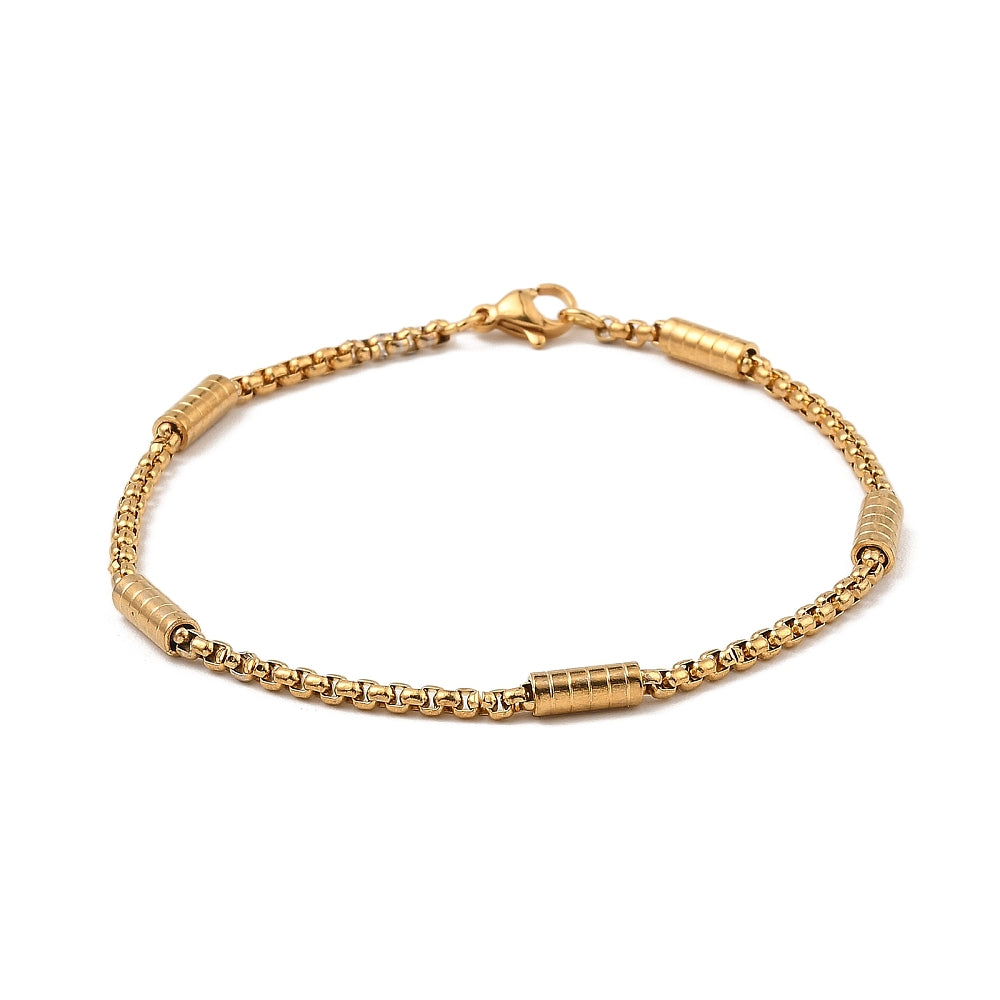 golden column link and box chain bracelet with lobster claw clasp over white background. 