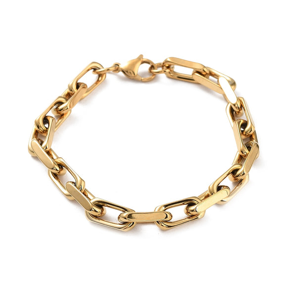 golden chunky, flat edge paperclip chain bracelet with lobster claw clasp over white background. 
