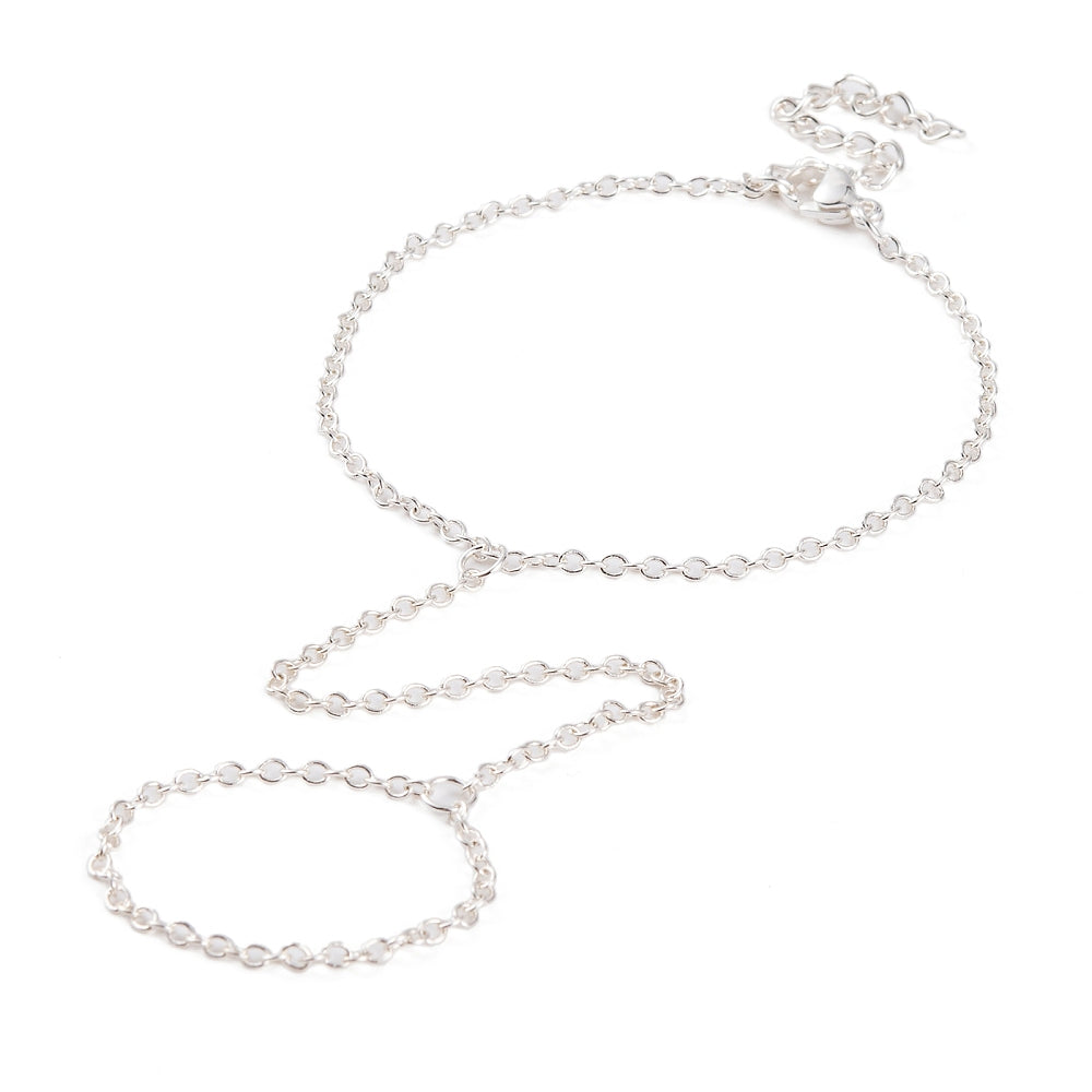 silver tone hand chain bracelet with lobster claw clasp and extender chain over white background. 