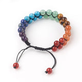 heavy black nylon cord double row bracelet made of stone beads in chakra colors with slip knotted adjustability on white background. 