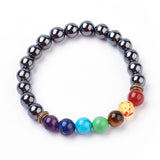 hematite round chakra stone stretch bracelet featuring seven round chakra stone beads between antique golden spacer beads over a white background. 