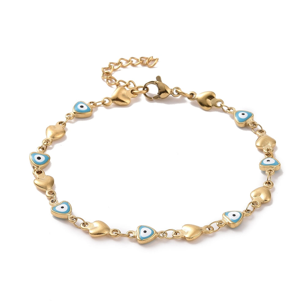 golden heart link bracelet featuring a blue evil eye on every other link plus a lobster claw clasp and extender chain over white background. 