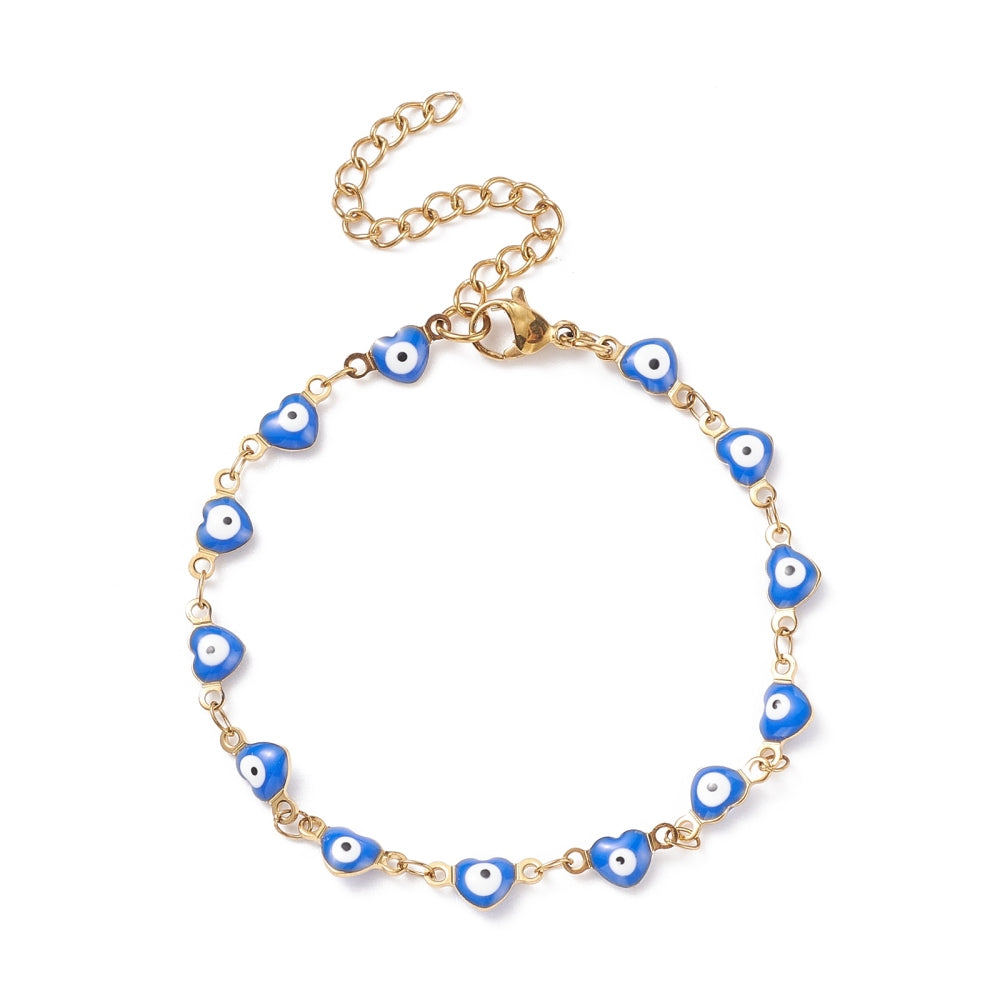 golden and blue enamel heart shaped evil eye bracelet with lobster claw clasp and extender chain over white background.