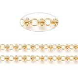 zoomed in sections of golden bar and circle link chain over white background. 