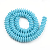 turquoise polymer clay saucer bead strand in a swirl design over white background. 