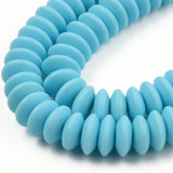 zoomed in sections of turquoise polymer clay saucer bead strands over white background. 