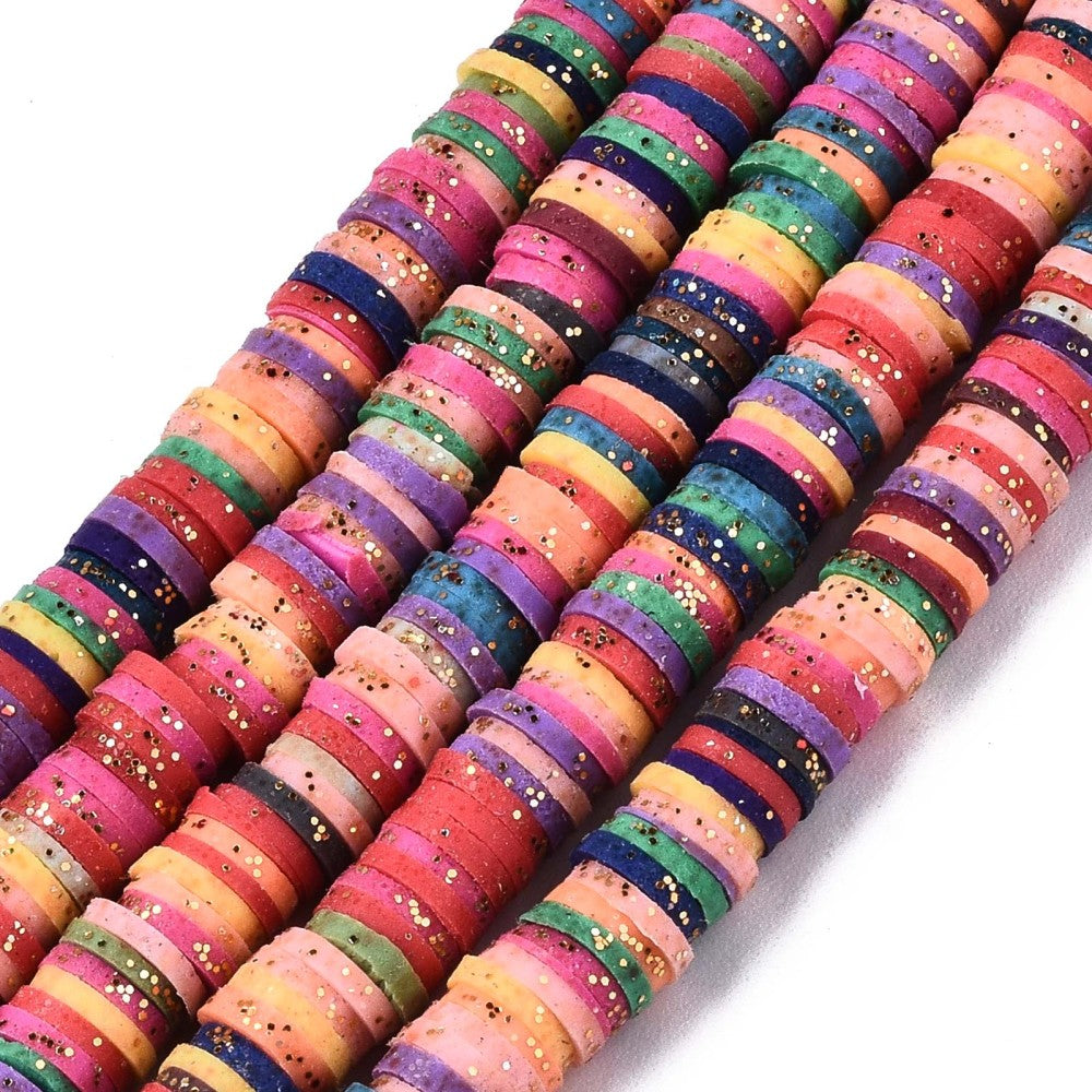 gold glitter coated multicolor polymer clay disc bead strands over white background. 