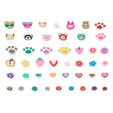 six rows displaying a variety of adorable colorful clay beads over white background. 