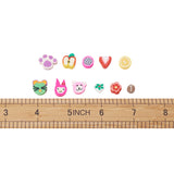 eleven adorable and colorful beads displayed above a wooden ruler over white background. 
