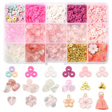 fifteen compartment plastic pretty in pink bead box with variety of pinks, pastels and gold beads with some displayed loose below over white background. 