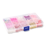 closed plastic pretty in pink bead box over white surface. 