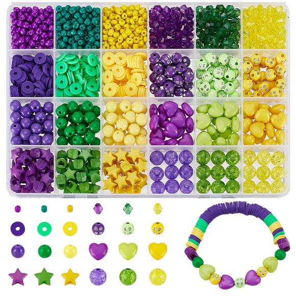 twenty-four compartment plastic Mardi Gras bead bin containing a wide variety of purple, green and gold bead styles with some loose beads and a sample bracelet displayed below over white background. 