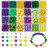 twenty-four compartment plastic Mardi Gras bead bin containing a wide variety of purple, green and gold bead styles with some loose beads and a sample bracelet displayed below over white background. 