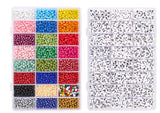 two twenty-four compartment plastic bead storage boxes containing multicolor seed beads and white with black letter alphabet and heart beads plus two rolls of crystal string, 